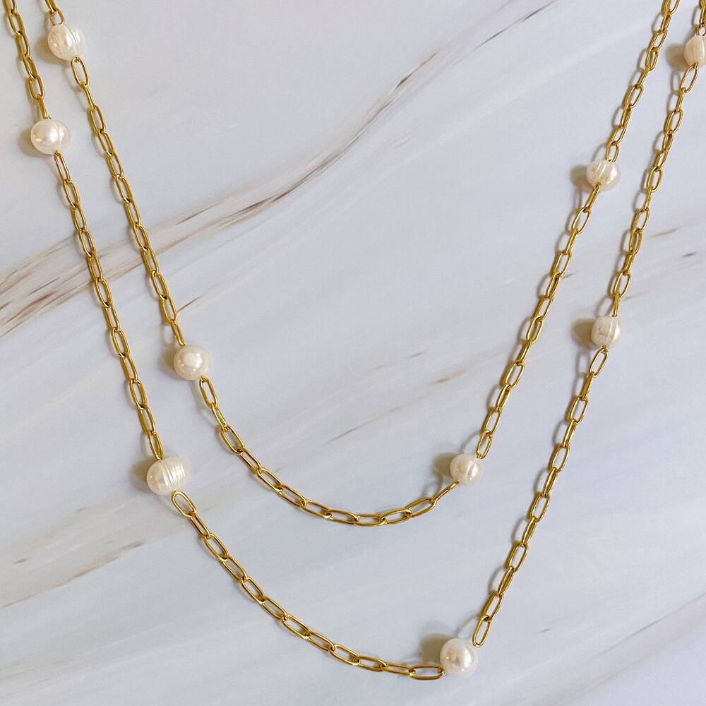 Ellison+Young Freshwater Pearl Long Chain Necklace Gold Plated Stainless Steel